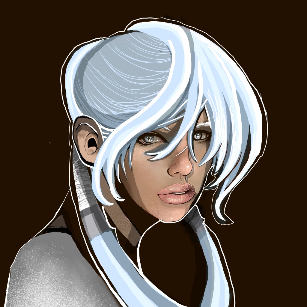 A digital illustration of a person with long, flowing white hair and striking facial features, set against a dark background.