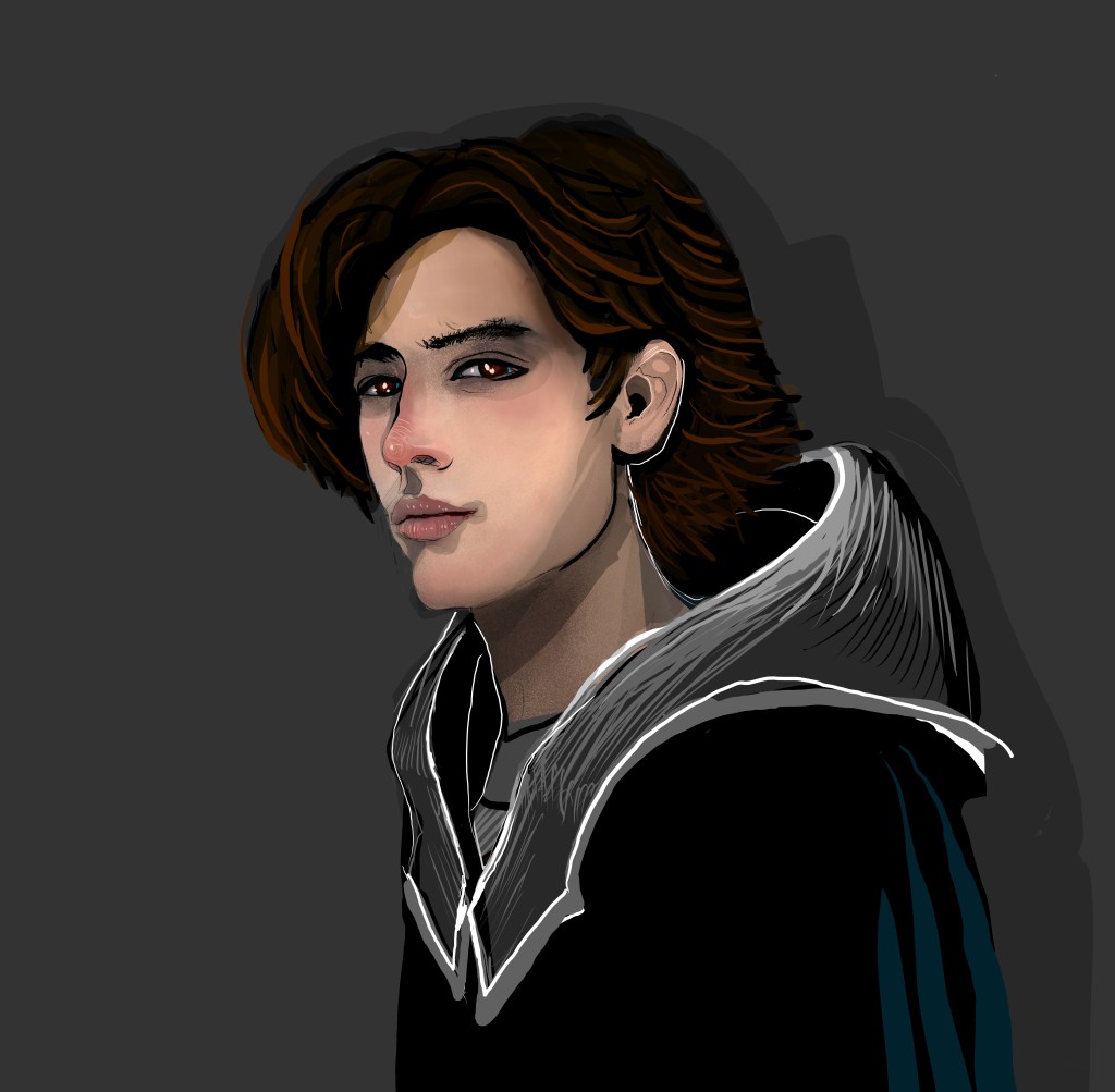 Portrait of a male character with shoulder-length hair, wearing a dark hoodie with a grey collar, set against a dark background.