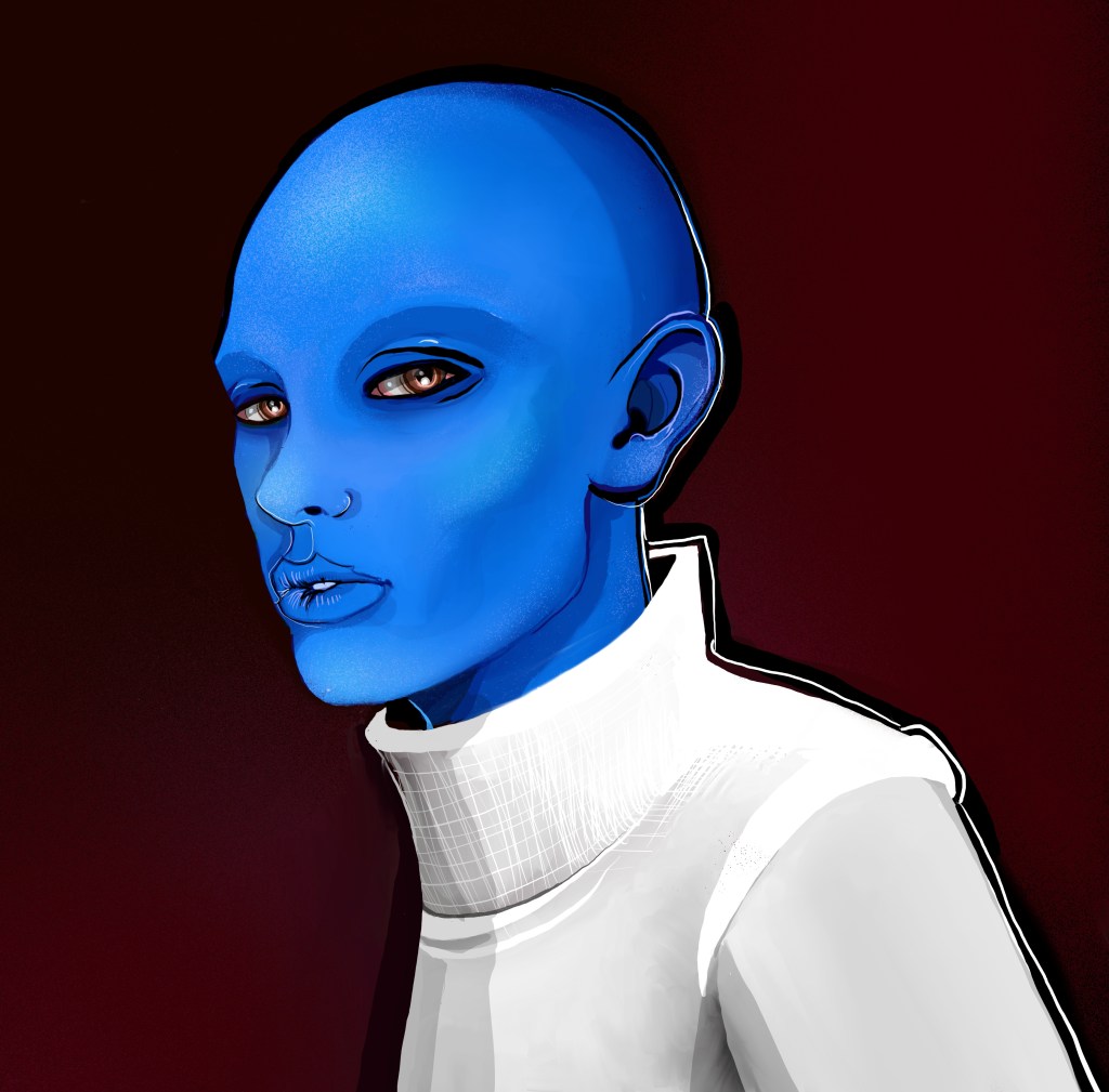 A digital illustration of a character with blue skin and bald head, wearing a high-collared white garment, against a dark red background.